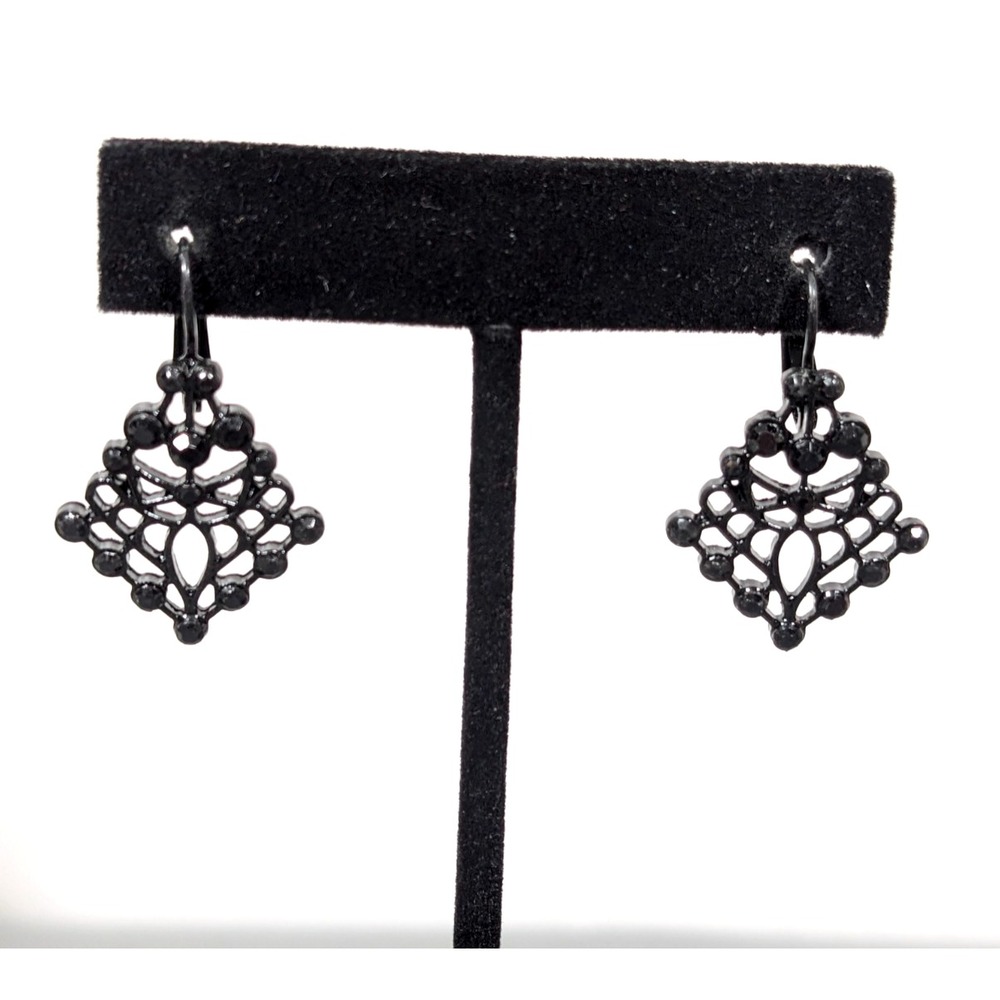 Black Filigree Dangle Earrings Gothic Victorian Lace Style Lightweight Drop